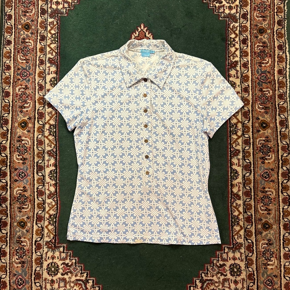 Vintage J. McLaughlin for Dillard’s 70’s Style Blue Patterned Button-up Blouse